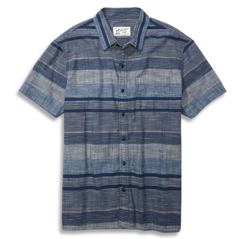 American Eagle Men Blue Striped Button-Up Resort Shirt